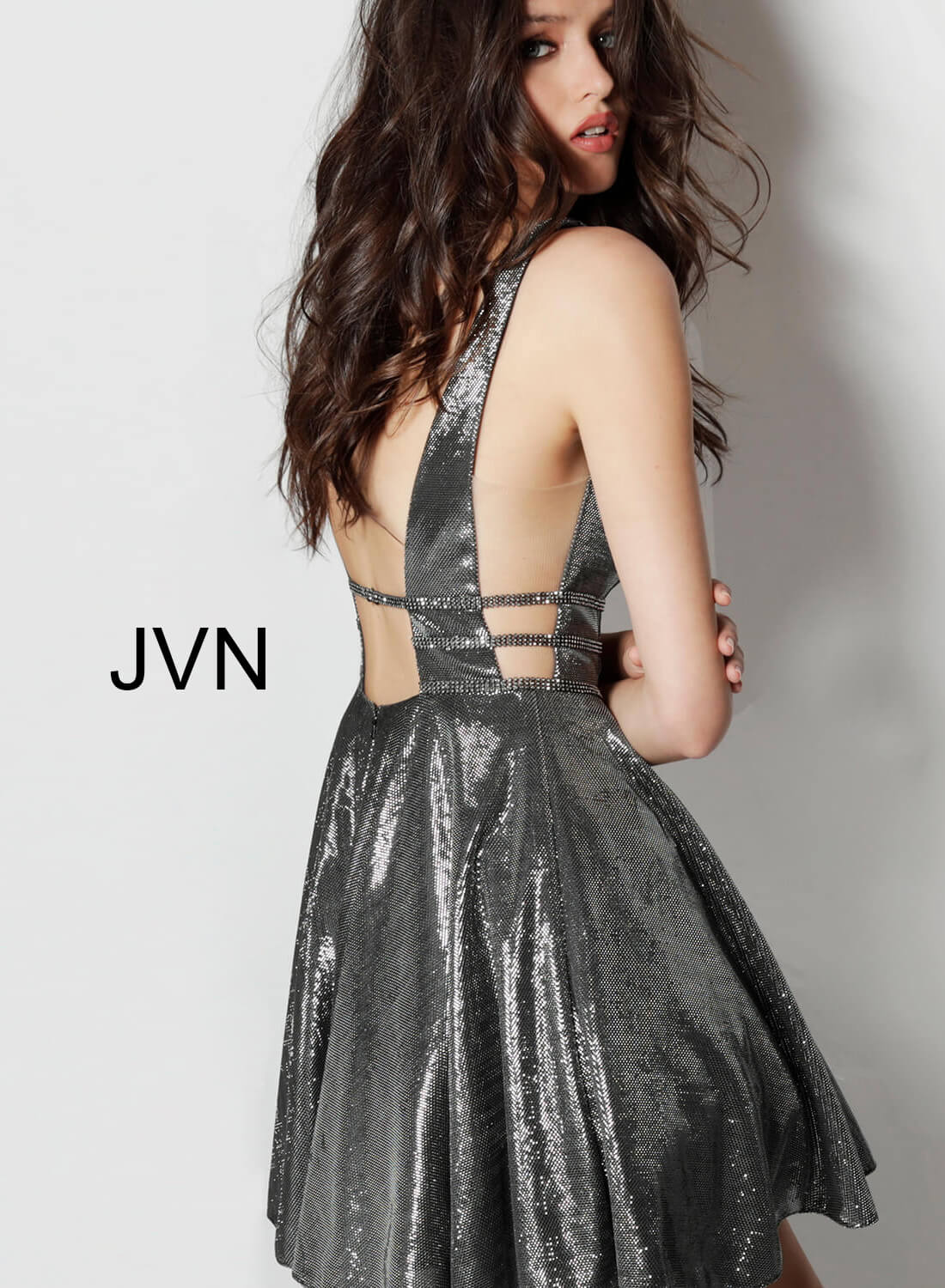 Jvn65631 Dress Gunmetal Short Fit And Flare Embellished Backless Dress